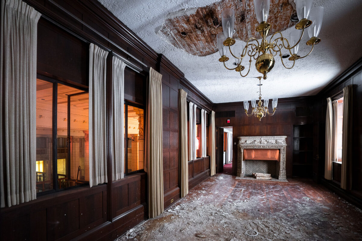 Chandelier and Fireplace in an abandoned building