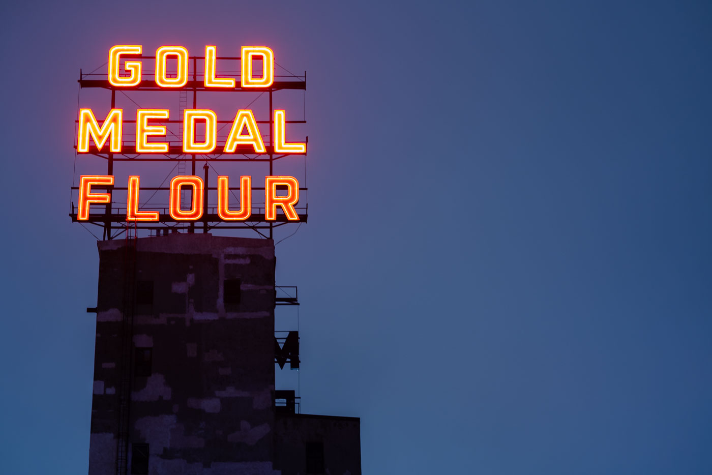 Gold Medal Flour lit up neon sign in Minneapolis