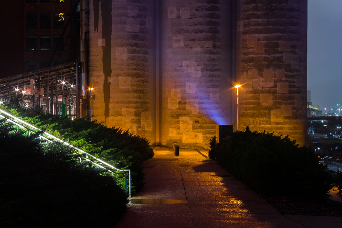 Lit up grain elevator in downtown Minneapolis