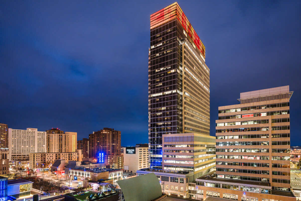Target Plaza South lit up at night in Minneapolis