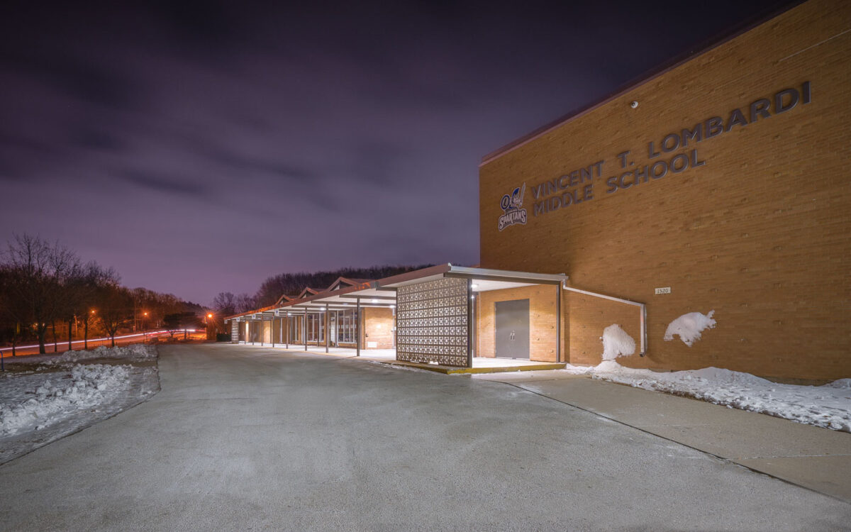 Vince Lombardi Middle School in Green Bay at night