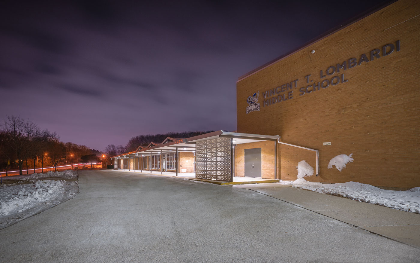 Vince Lombardi Middle School in Green Bay at night