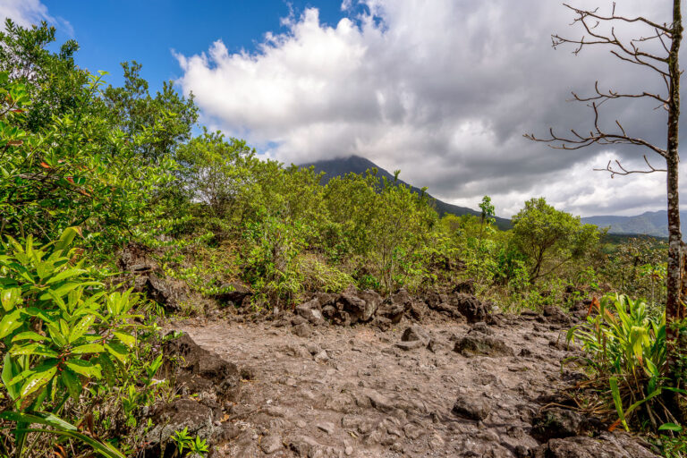 Arenal 1968 Lava Field Trail, Costa Rica 2 Arenal 1968 Lava Field Trail in Alajuela Province, Costa Rica, features a rocky path through lush vegetation with Arenal Volcano in the background.