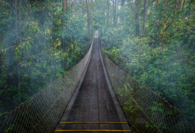 Hanging bridge in the clouds near the Arenal Observatory in Costa Rica.