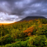 Sunset from the Arenal Observatory Lodge. Looking out at the Arenal Volcano.