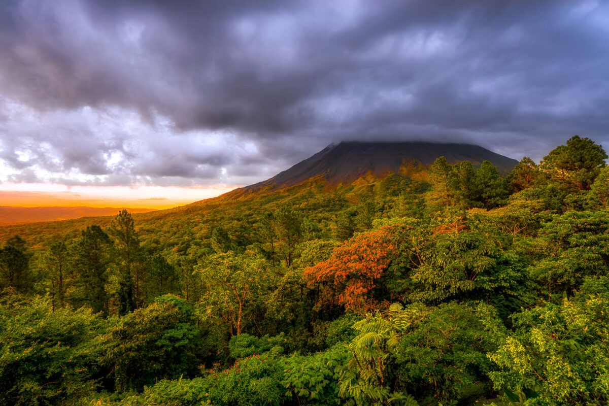 Sunset from the Arenal Observatory Lodge. Looking out at the Arenal Volcano.