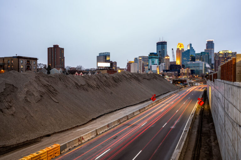 Piles of dirt on 35W construction in Minneapolis 1 Construction on interstate 35W near downtown Minneapolis.