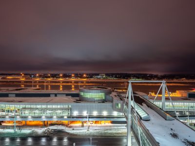 Snowy Night at MSP Airport's Tram Bridge