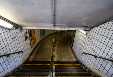 Stairs at the Charing Cross Train station in London.