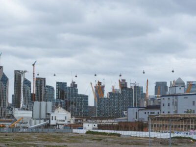 Royal Docks: Canary Wharf and Construction Cranes