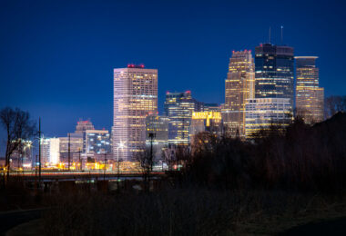 The Downtown Minneapolis skyline from the Cedar Lake Trail.