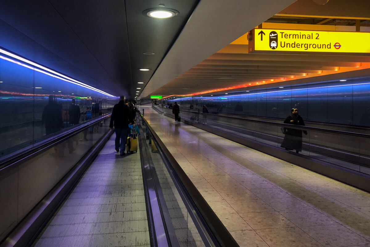 Walkways at Heathrow Airport in London, United Kingdom.