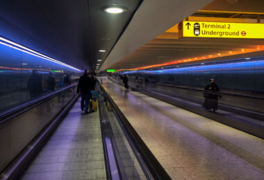 Walkways at Heathrow Airport in London, United Kingdom.