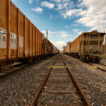 Freight trains on the tracks in Mason City, Iowa.