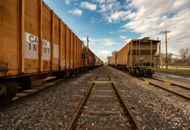 Freight trains on the tracks in Mason City, Iowa.