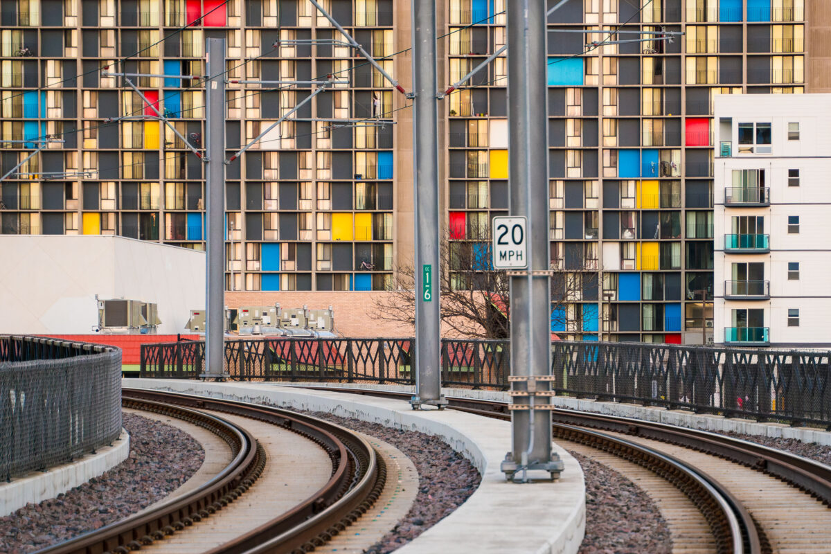 Metro Transit light rail tracks by Riverside Plaza, Minneapolis