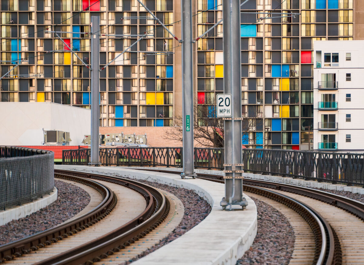 Light rail tracks and Riverside Plaza, Minneapolis