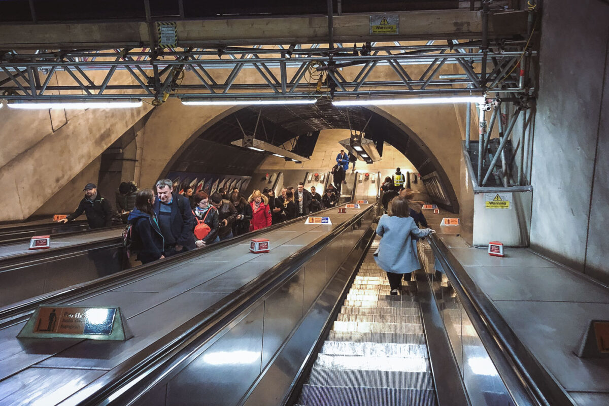 The escalator at the London Bridge Train Station in London in April 2019.