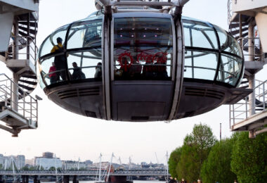 The London Eye tourist attraction in London. Sponsored by Coca-Cola.