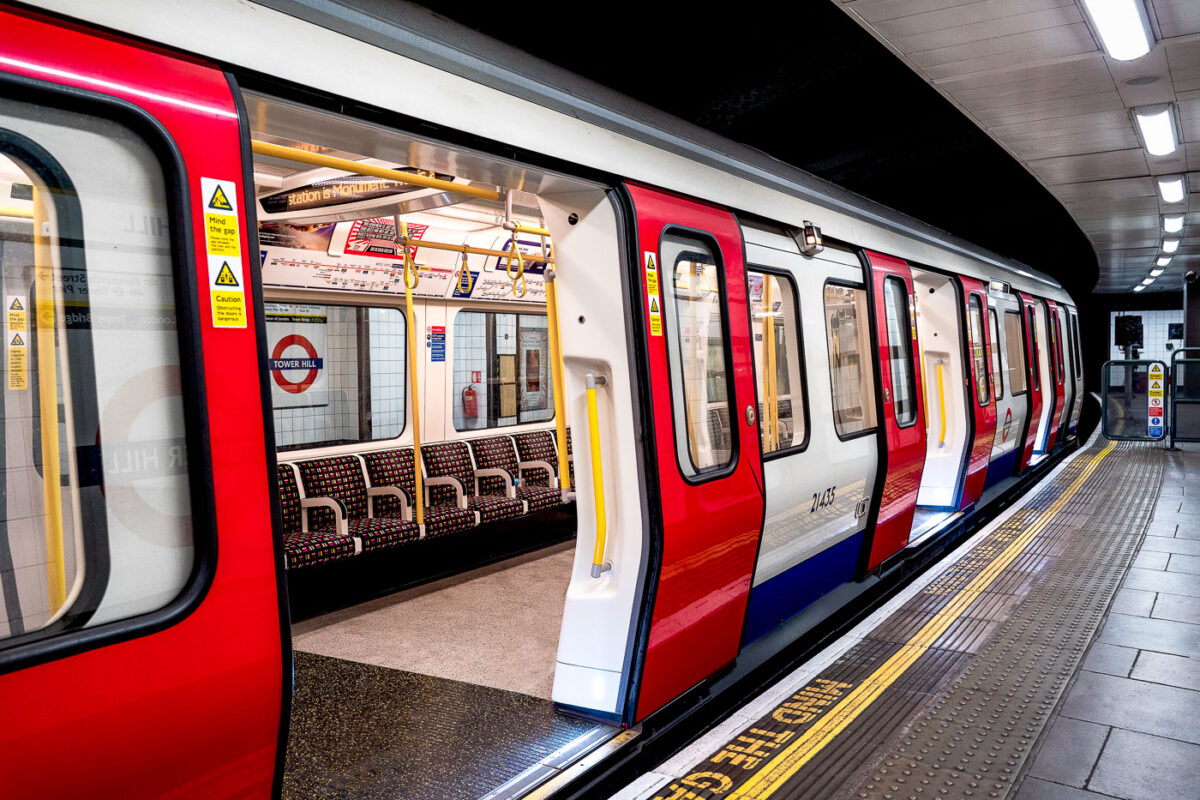 A London Underground train at the Tower Hill train station in London, England.