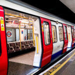 A London Underground train at the Tower Hill train station in London, England.