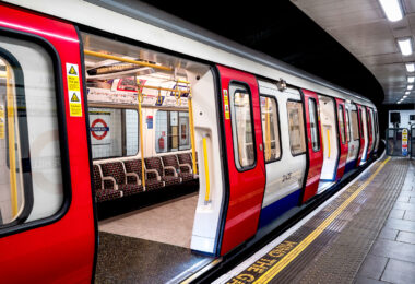 A London Underground train at the Tower Hill train station in London, England.