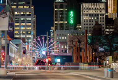 A ferris wheel set up in downtown Minneapolis during the 2019 NCAA Final Four basketball tournament.