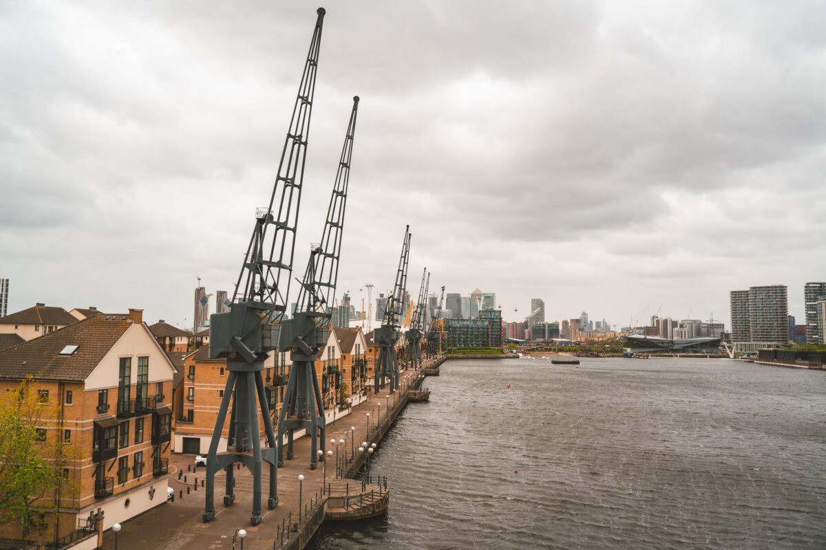 Royal Docks Cranes and Canary Wharf Skyline, London