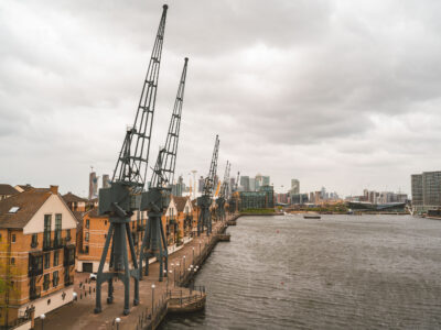 Royal Victoria Dock Cranes and Canary Wharf, London