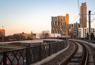 Cedar Riverside apartment complex in Minneapolis as seen from the light rail tracks.