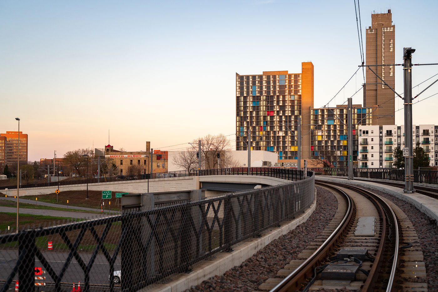 Riverside Plaza and Light Rail tracks April 2019