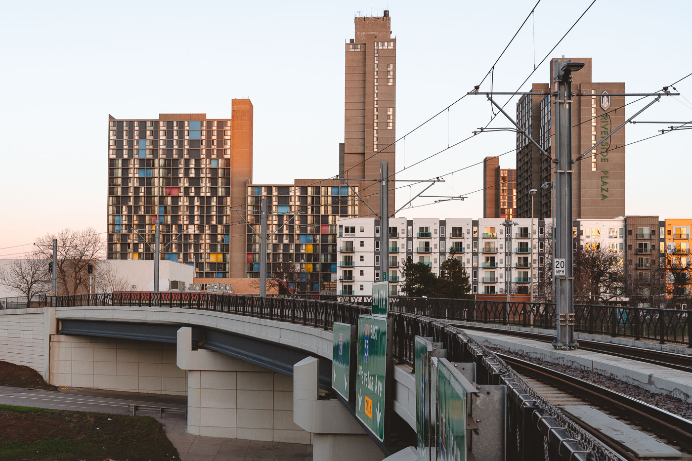 Riverside Plaza and the Light Rail Tracks