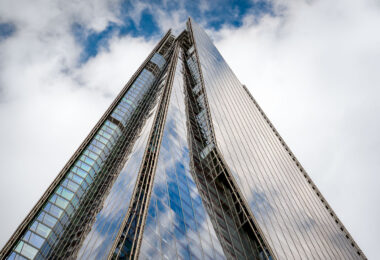 The Shard in London on a partly cloudy day.
