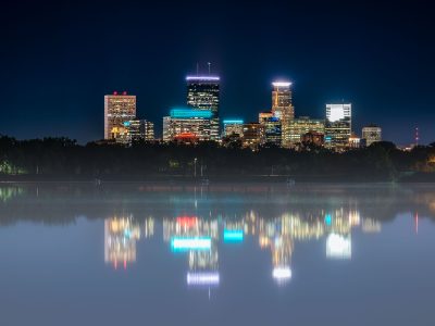Minneapolis Skyline and Bde Maka Ska at Night