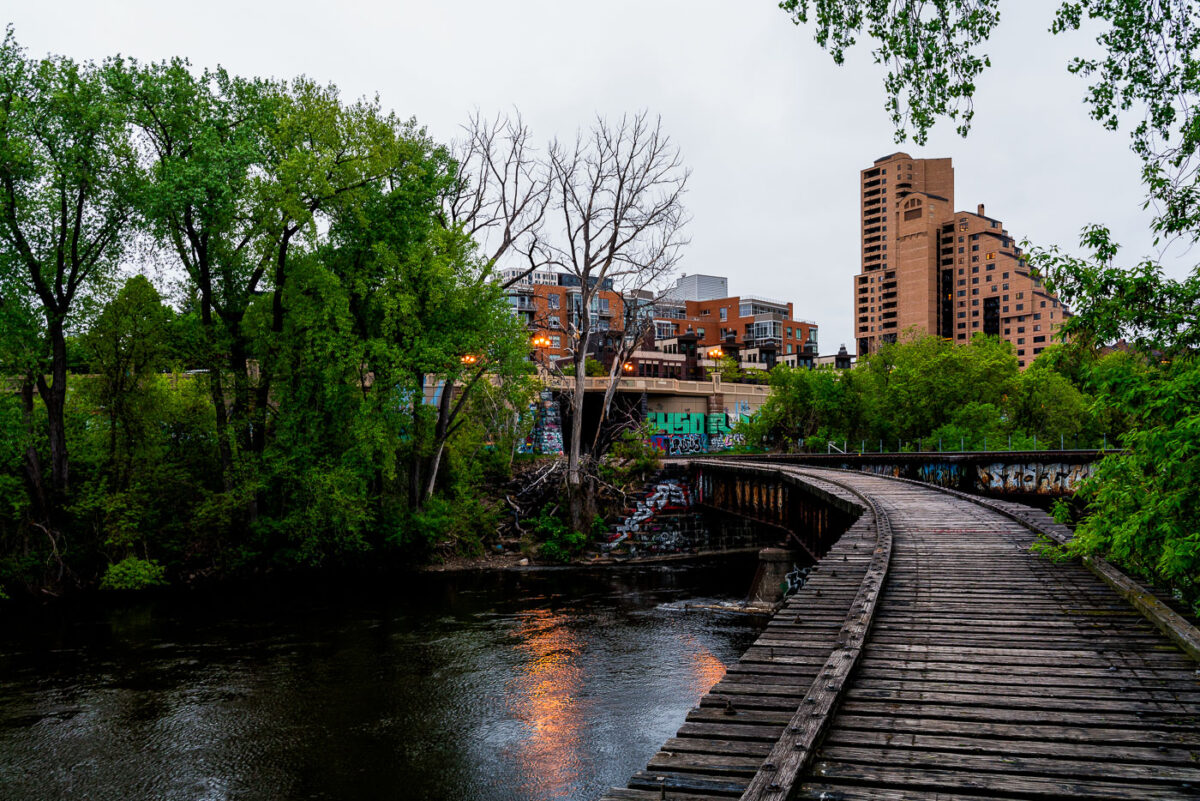 A railroad bridge in Minneapolis to Nicollet Island.