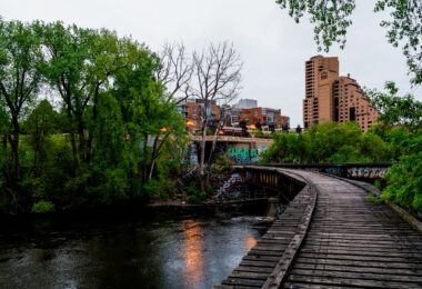 A railroad bridge in Minneapolis to Nicollet Island.