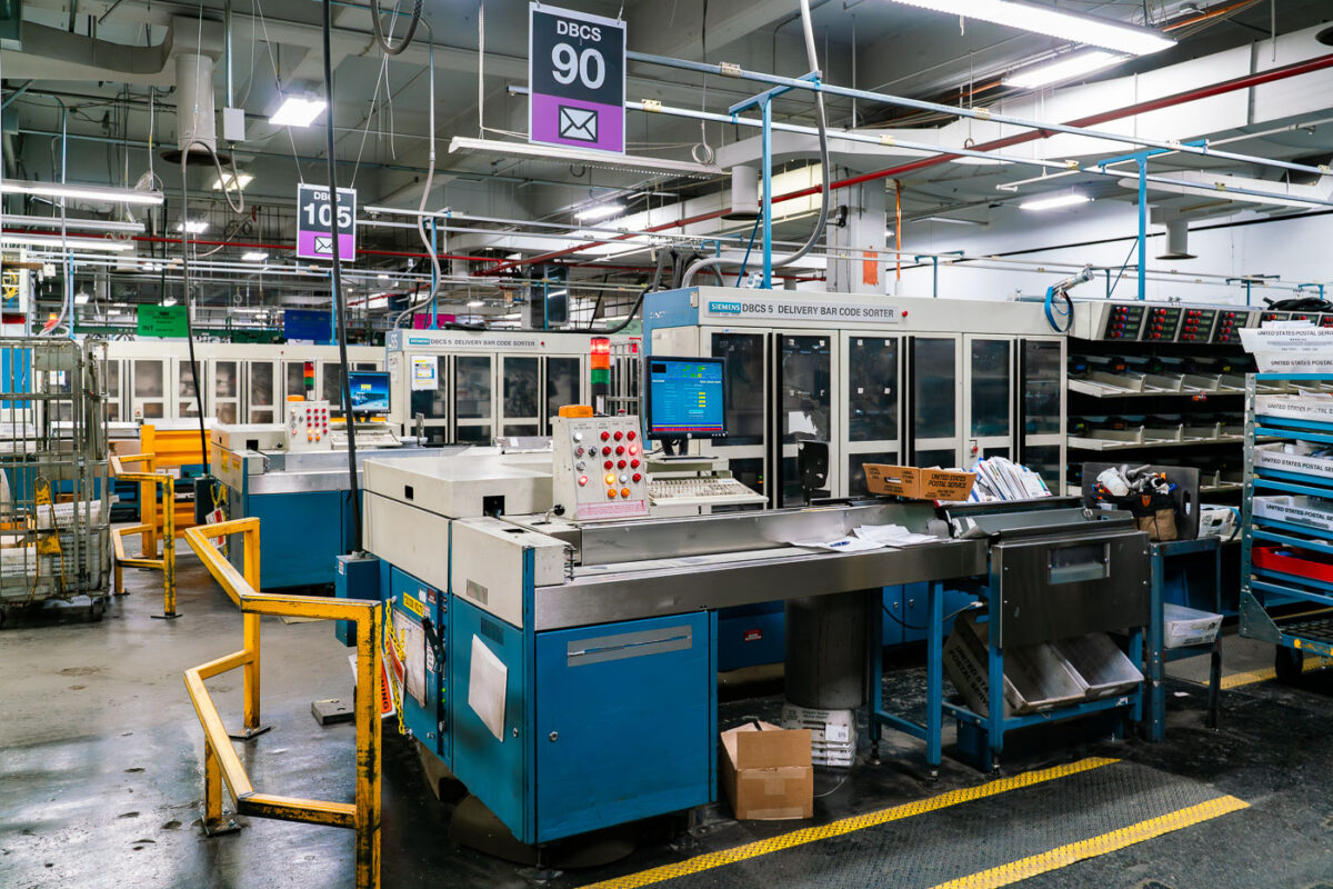 Siemens DBCS 5 Delivery Bar Code Sorter located inside the Minneapolis Main Post Office in Downtown Minneapolis.