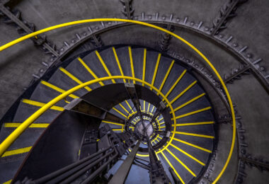 Looking down a staircase in the the Clapham North World War II air raid shelter in London
