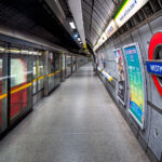 Westminster London Underground station in London. A train passing by.