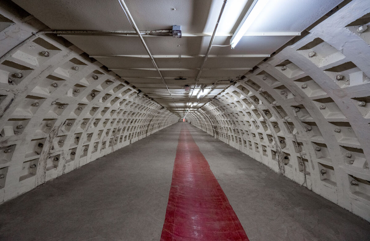 The inside of the Clapham North World War II air raid shelter in London