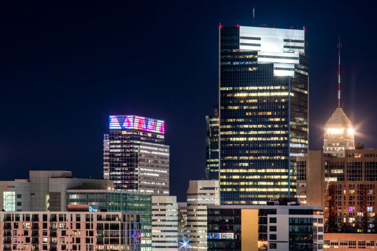 Minneapolis Skyline: Target HQ, Campbell Mithun Tower, Foshay Tower 1 Minneapolis skyline at night, featuring Target HQ, Campbell Mithun Tower, and the historic Foshay Tower.