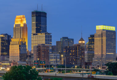 Downtown Minneapolis seen from near the Cedar Lake Trail.