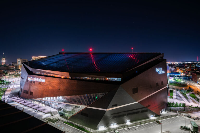 U.S. Bank Stadium at Night – Minneapolis, Minnesota 1 US Bank Stadium, home of the Minnesota Vikings, in Downtown Minneapolis.