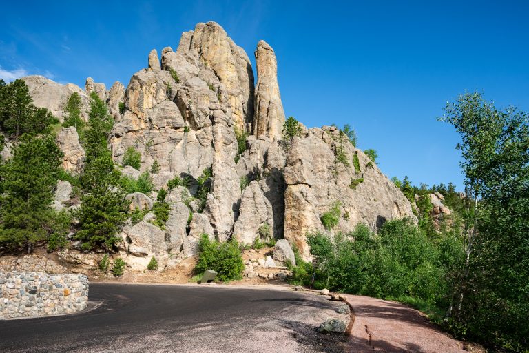 Granite Spires on the Needles Highway, Custer State Park 2 Granite rock formations and pine forest along a paved road in the Black Hills.