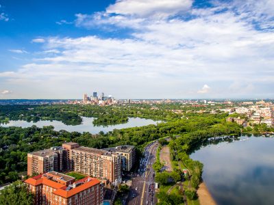 Minneapolis Skyline and Bde Maka Ska Lake Aerial View