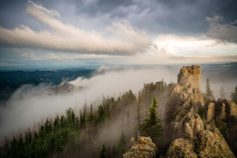 Cathedral Spires in Morning Fog, Black Hills 2 Low clouds sweep across the granite pinnacles of the Cathedral Spires in the Black Hills of South Dakota, wrapping the rugged landscape in drifting fog just after dawn. These towering formations—some rising more than 5,000 feet above sea level—are part of the Needles range within Custer State Park, a region shaped by millions of years of erosion and uplift. The rock spires, composed primarily of Harney Peak granite, are a hallmark of the park’s dramatic geology and a favorite destination for climbers and photographers. On mornings like this, the fog often settles in the valleys below, creating a fleeting illusion of islands floating above the forest, while the peaks catch the first light breaking through the storm-heavy sky.