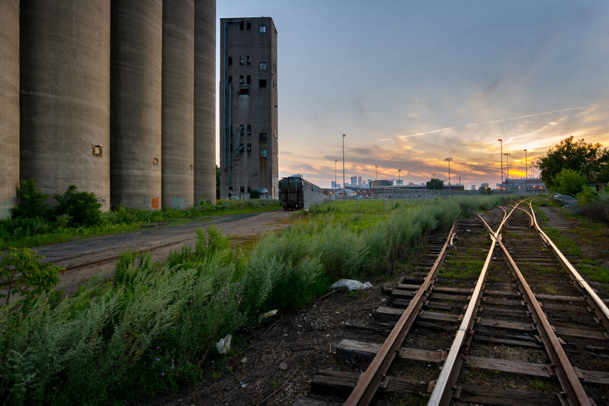 Train tracks outside the long abandoned massive concrete Archer-Daniels-Midland Delmar Elevator No. 7 in Minneapolis.