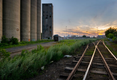 Train tracks outside the long abandoned massive concrete Archer-Daniels-Midland Delmar Elevator No. 7 in Minneapolis.