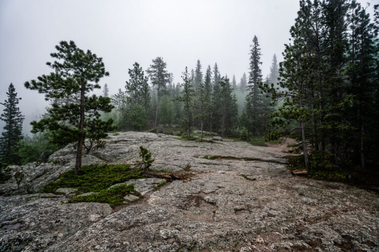 Fog atop Black Elk Peak 3 A dense fog envelops the granite summit area of Black Elk Peak, the highest natural point in South Dakota at 7,242 feet. The rocky terrain and scattered pines of the Black Hills fade into the mist, creating an ethereal atmosphere above Custer State Park. Once known as Harney Peak, the mountain holds deep spiritual significance for the Lakota Sioux and remains a striking natural landmark where weather and history intertwine in quiet solitude.