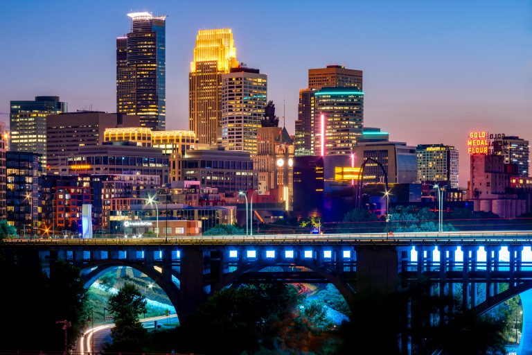 Downtown Minneapolis Skyline and 10th Ave Bridge At Night 1 Downtown Minneapolis Skyline and 10th Ave Bridge At Night
